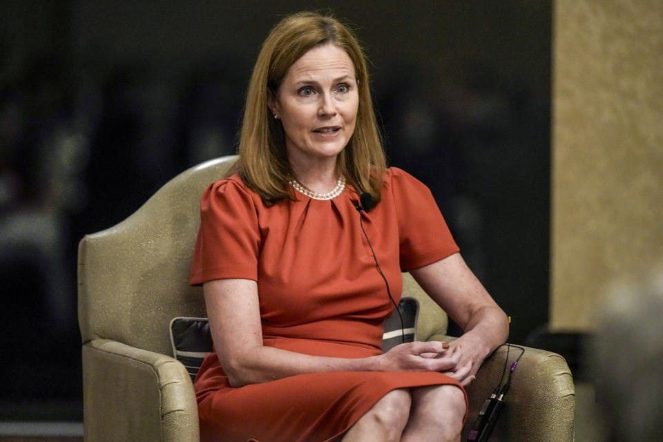 Supreme Court Associate Justice Amy Coney Barrett speaks during the Seventh Circuit Judicial Conference in Lake Geneva, Wis., on Aug. 28, 2023. (Morry Gash / AP)